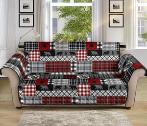 Red Patchwork Plaid Pattern With Bears Lodge Theme Furniture Slipcover