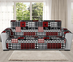 Red Patchwork Plaid Pattern With Bears Lodge Theme Furniture Slipcover