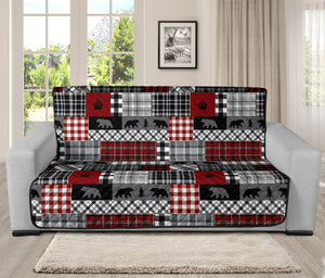 Red Patchwork Plaid Pattern With Bears Lodge Theme Furniture Slipcover