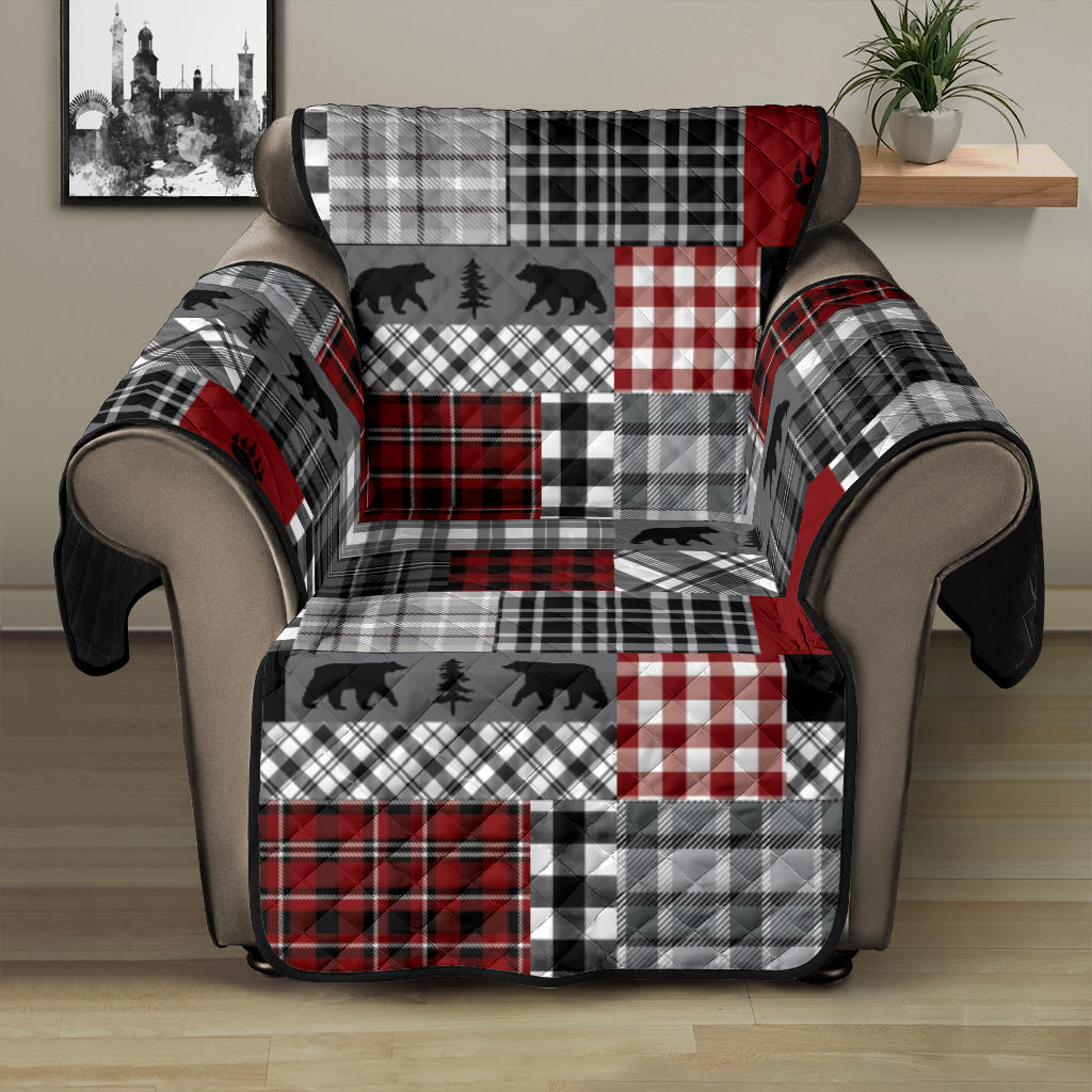 Red Patchwork Plaid Pattern With Bears Lodge Theme Furniture Slipcover