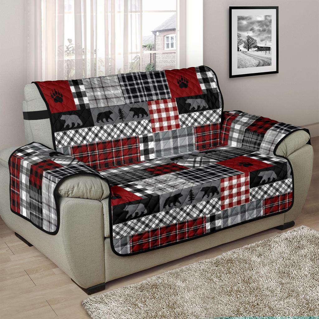 Red Patchwork Plaid Pattern With Bears Lodge Theme Furniture Slipcover