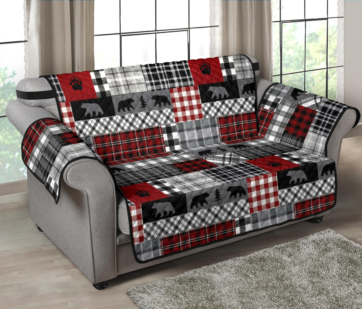 Red Patchwork Plaid Pattern With Bears Lodge Theme Furniture Slipcover