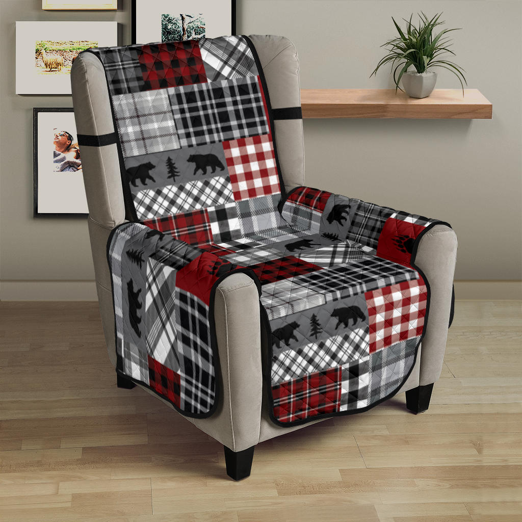 Red Patchwork Plaid Pattern With Bears Lodge Theme Furniture Slipcover