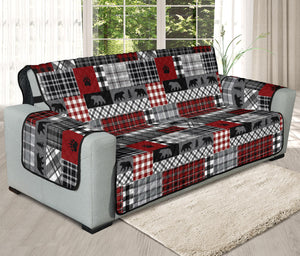 Red Patchwork Plaid Pattern With Bears Lodge Theme Furniture Slipcover