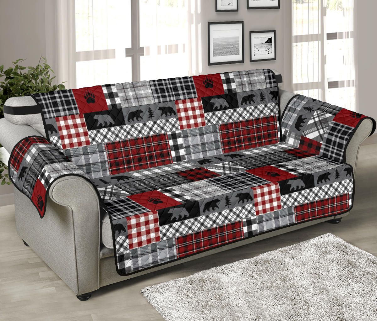 Red Patchwork Plaid Pattern With Bears Lodge Theme Furniture Slipcover