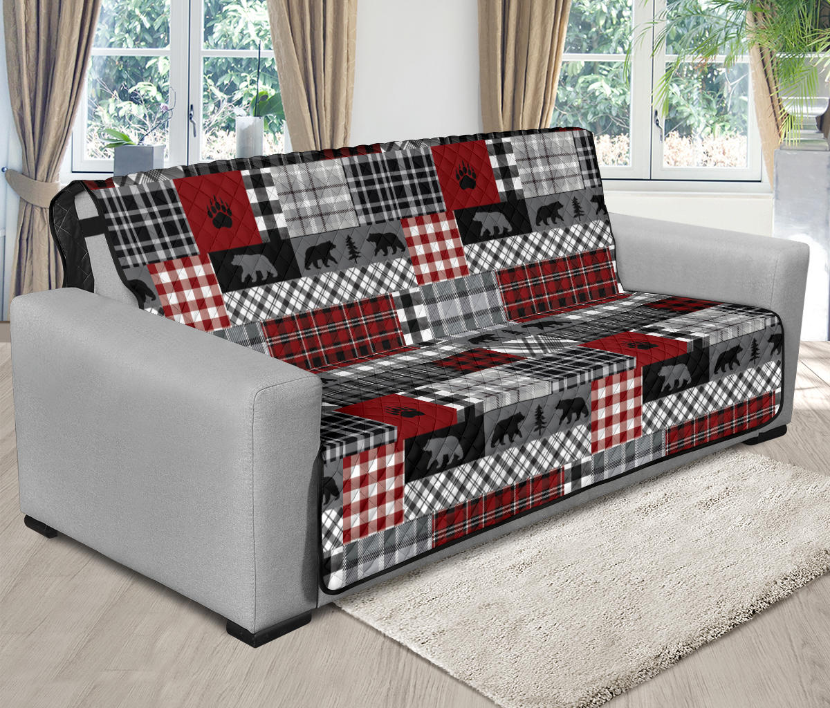 Red Patchwork Plaid Pattern With Bears Lodge Theme Furniture Slipcover