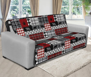 Red Patchwork Plaid Pattern With Bears Lodge Theme Furniture Slipcover