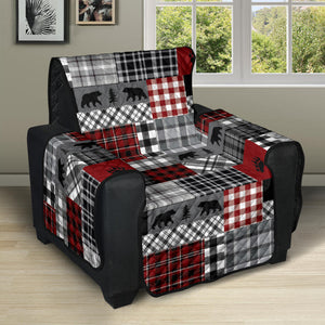 Red Patchwork Plaid Pattern With Bears Lodge Theme Furniture Slipcover