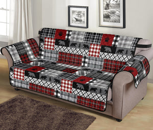 Red Patchwork Plaid Pattern With Bears Lodge Theme Furniture Slipcover