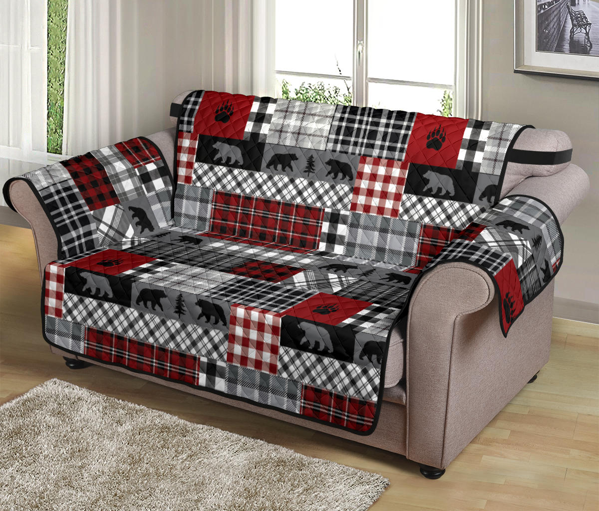 Red Patchwork Plaid Pattern With Bears Lodge Theme Furniture Slipcover