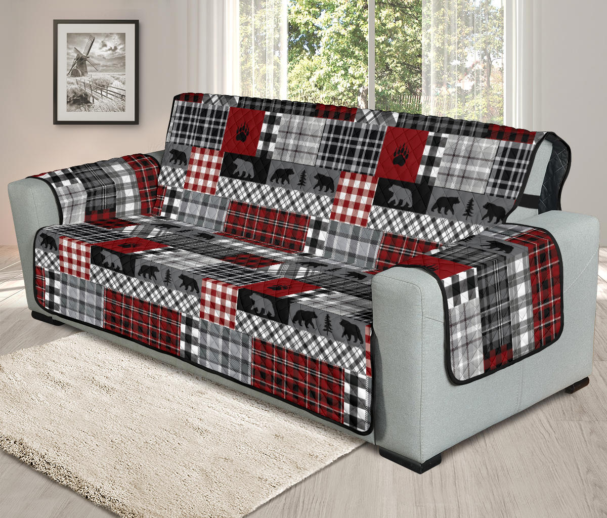 Red Patchwork Plaid Pattern With Bears Lodge Theme Furniture Slipcover