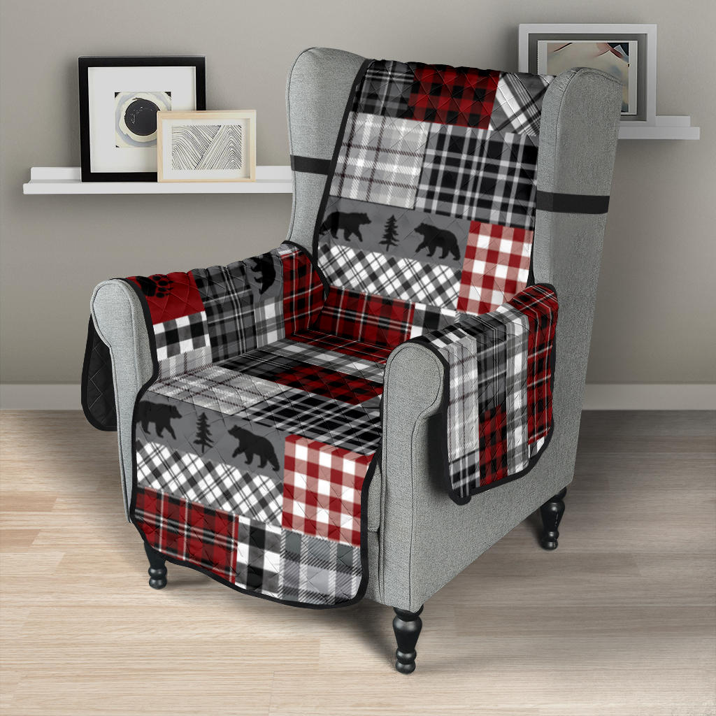 Red Patchwork Plaid Pattern With Bears Lodge Theme Furniture Slipcover