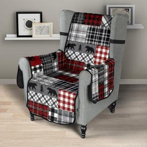 Red Patchwork Plaid Pattern With Bears Lodge Theme Furniture Slipcover