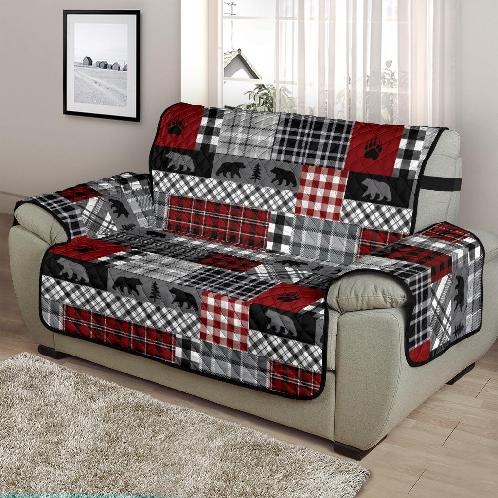 Red Patchwork Plaid Pattern With Bears Lodge Theme Furniture Slipcover