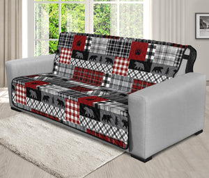 Red Patchwork Plaid Pattern With Bears Lodge Theme Furniture Slipcover