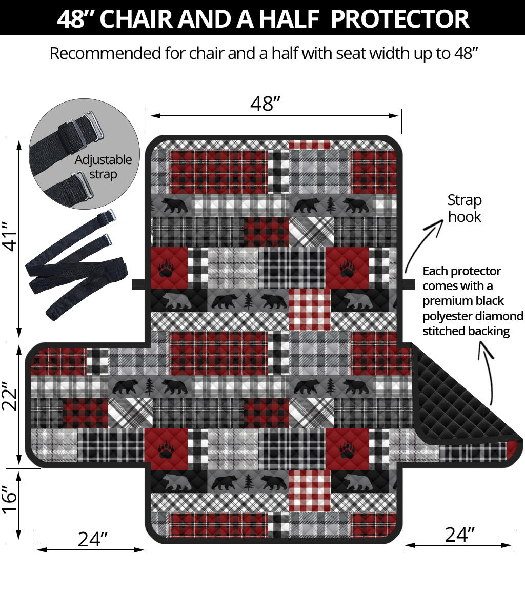 Red Patchwork Plaid Pattern With Bears Lodge Theme Furniture Slipcover