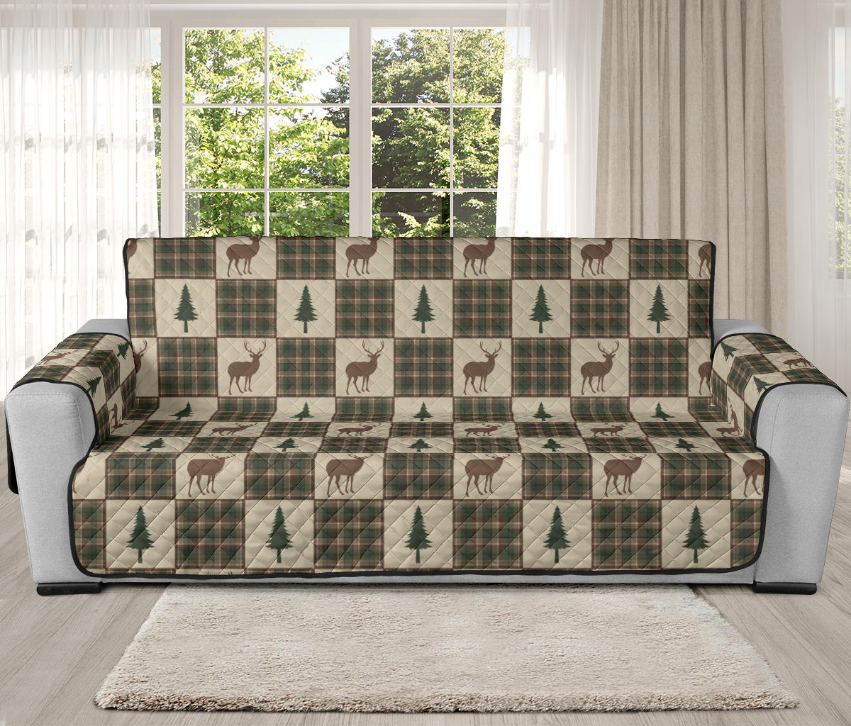 Tan and Green Plaid Deer Theme Rustic Furniture Slipcovers