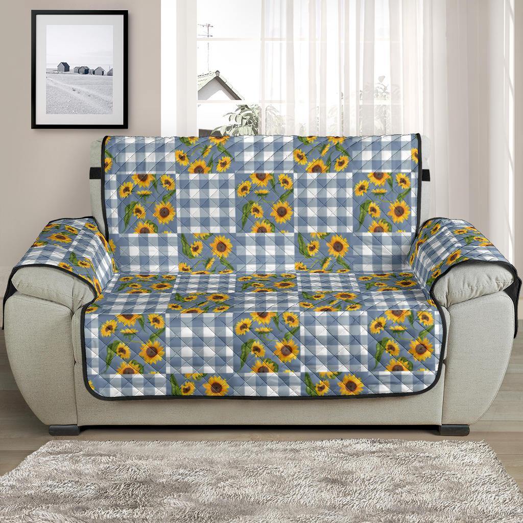 Blue Buffalo Plaid With Sunflowers Patchwork Pattern Furniture Slipcovers - RusticDecorShop