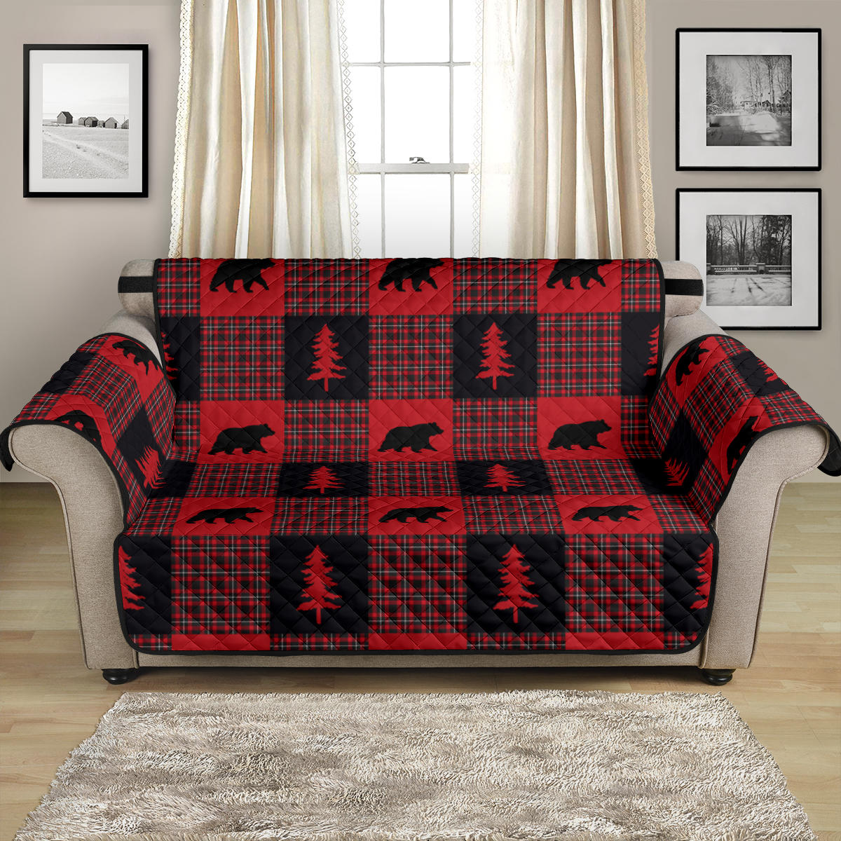 Bears on Red, Black and White Plaid Tartan Patchwork Furniture Slipcovers