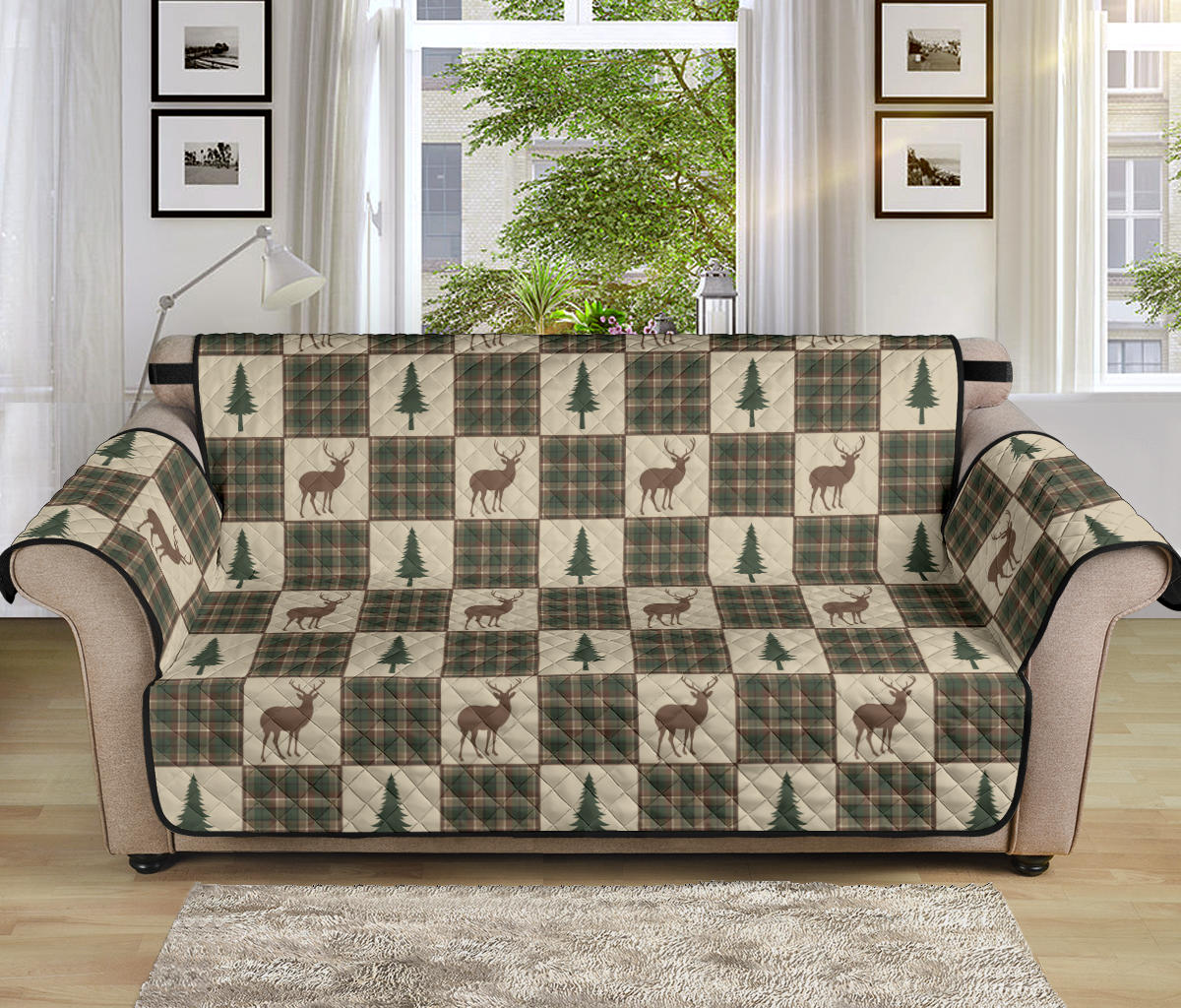 Tan and Green Plaid Deer Theme Rustic Furniture Slipcovers