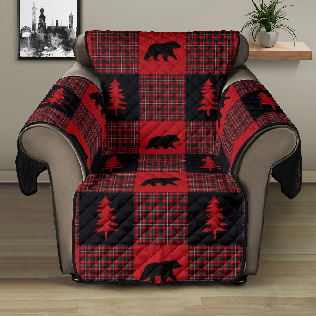 Bears on Red, Black and White Plaid Tartan Patchwork Furniture Slipcovers