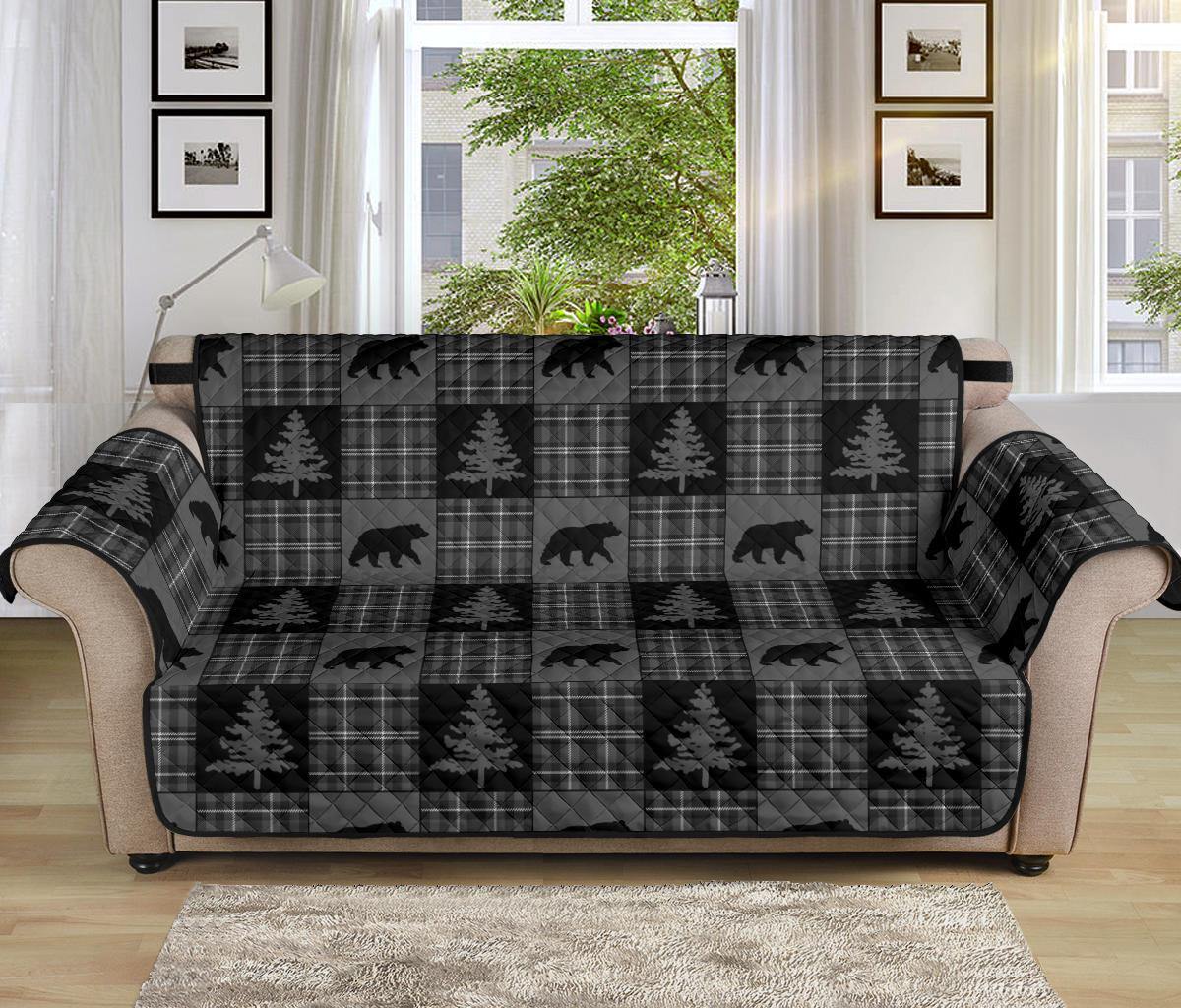 Gray and Black Plaid With Bears Woodland Theme Slipcovers - RusticDecorShop