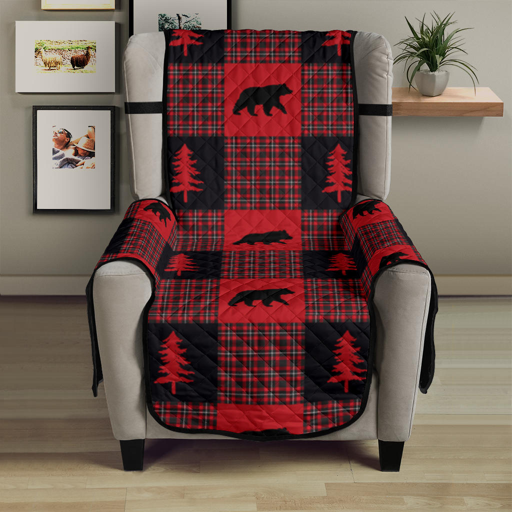 Bears on Red, Black and White Plaid Tartan Patchwork Furniture Slipcovers
