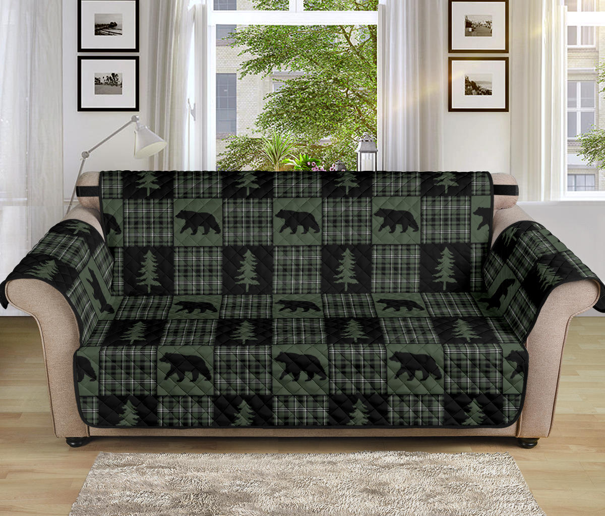 Green and Black Plaid Bear Patchwork Furniture Slipcovers