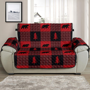 Bears on Red, Black and White Plaid Tartan Patchwork Furniture Slipcovers