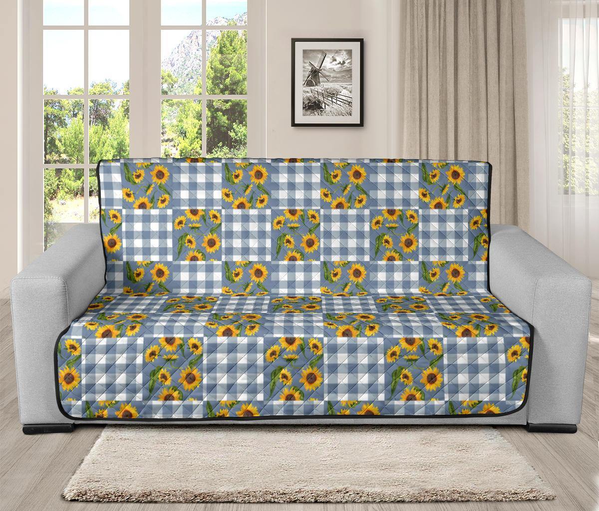 Blue Buffalo Plaid With Sunflowers Patchwork Pattern Furniture Slipcovers - RusticDecorShop