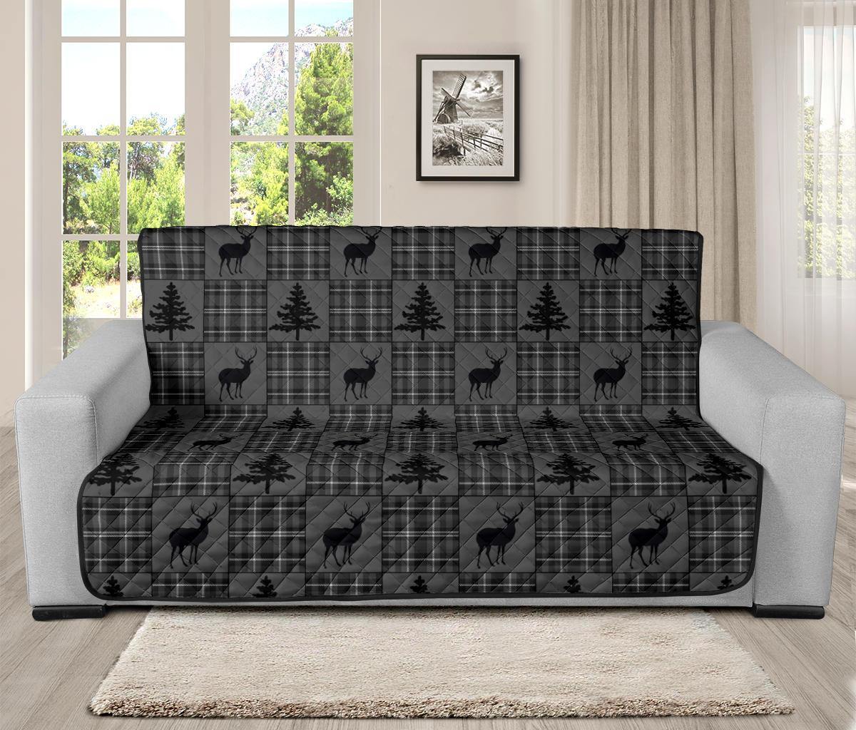 Gray and Black Plaid Deer Theme Rustic Furniture Slipcovers - RusticDecorShop