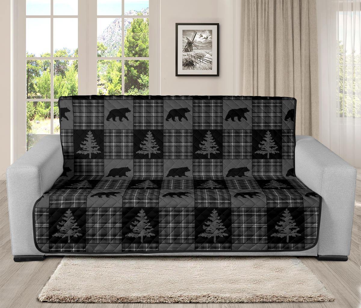 Gray and Black Plaid With Bears Woodland Theme Slipcovers - RusticDecorShop