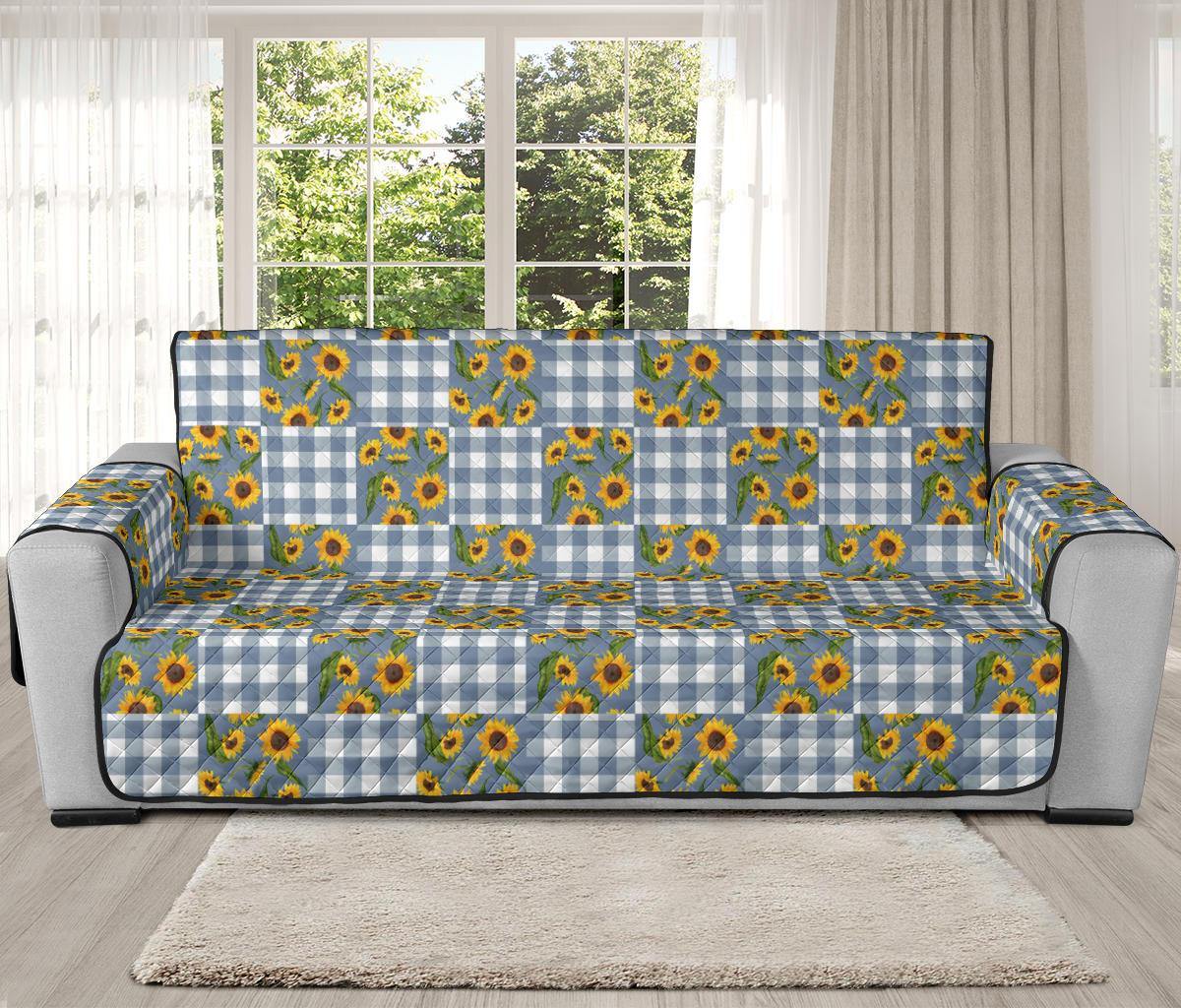 Blue Buffalo Plaid With Sunflowers Patchwork Pattern Furniture Slipcovers - RusticDecorShop