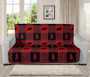 Bears on Red, Black and White Plaid Tartan Patchwork Furniture Slipcovers