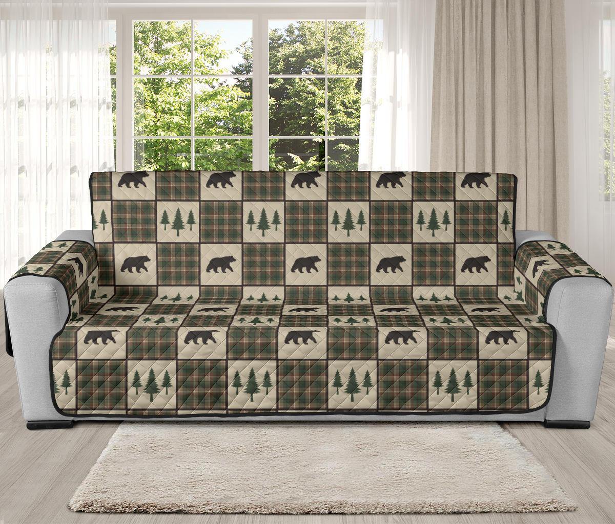 Tan and Green Plaid Bear Theme Furniture Slipcovers - RusticDecorShop