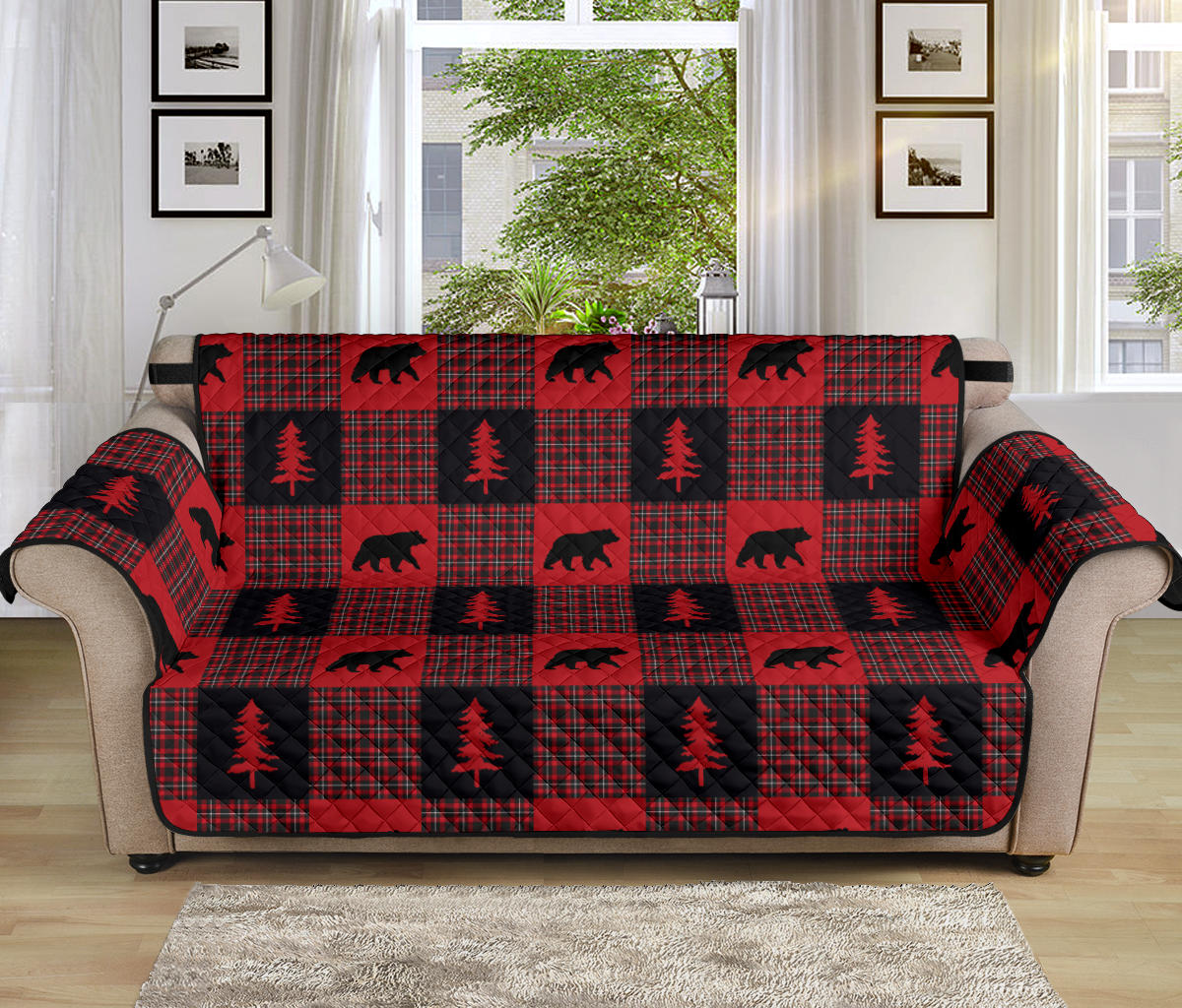 Bears on Red, Black and White Plaid Tartan Patchwork Furniture Slipcovers