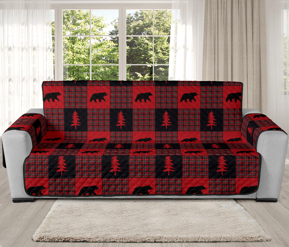 Bears on Red, Black and White Plaid Tartan Patchwork Furniture Slipcovers