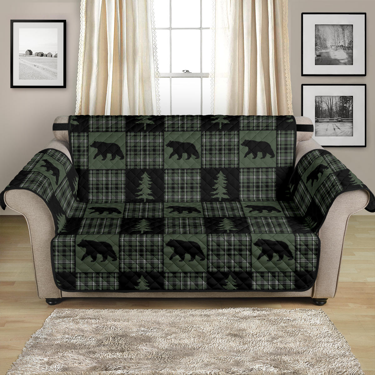 Green and Black Plaid Bear Patchwork Furniture Slipcovers