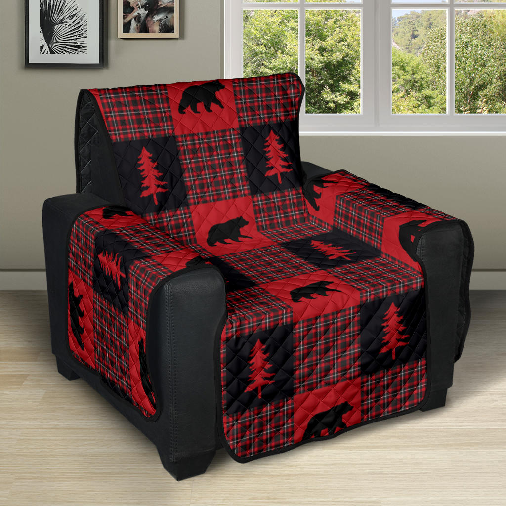 Bears on Red, Black and White Plaid Tartan Patchwork Furniture Slipcovers