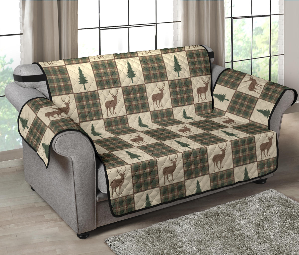 Tan and Green Plaid Deer Theme Rustic Furniture Slipcovers