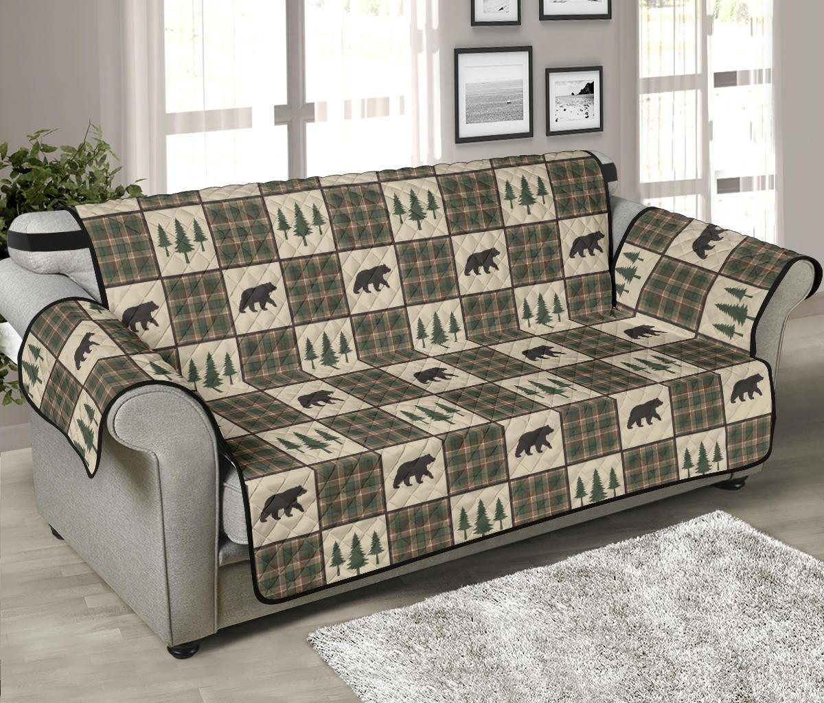 Tan and Green Plaid Bear Theme Furniture Slipcovers - RusticDecorShop