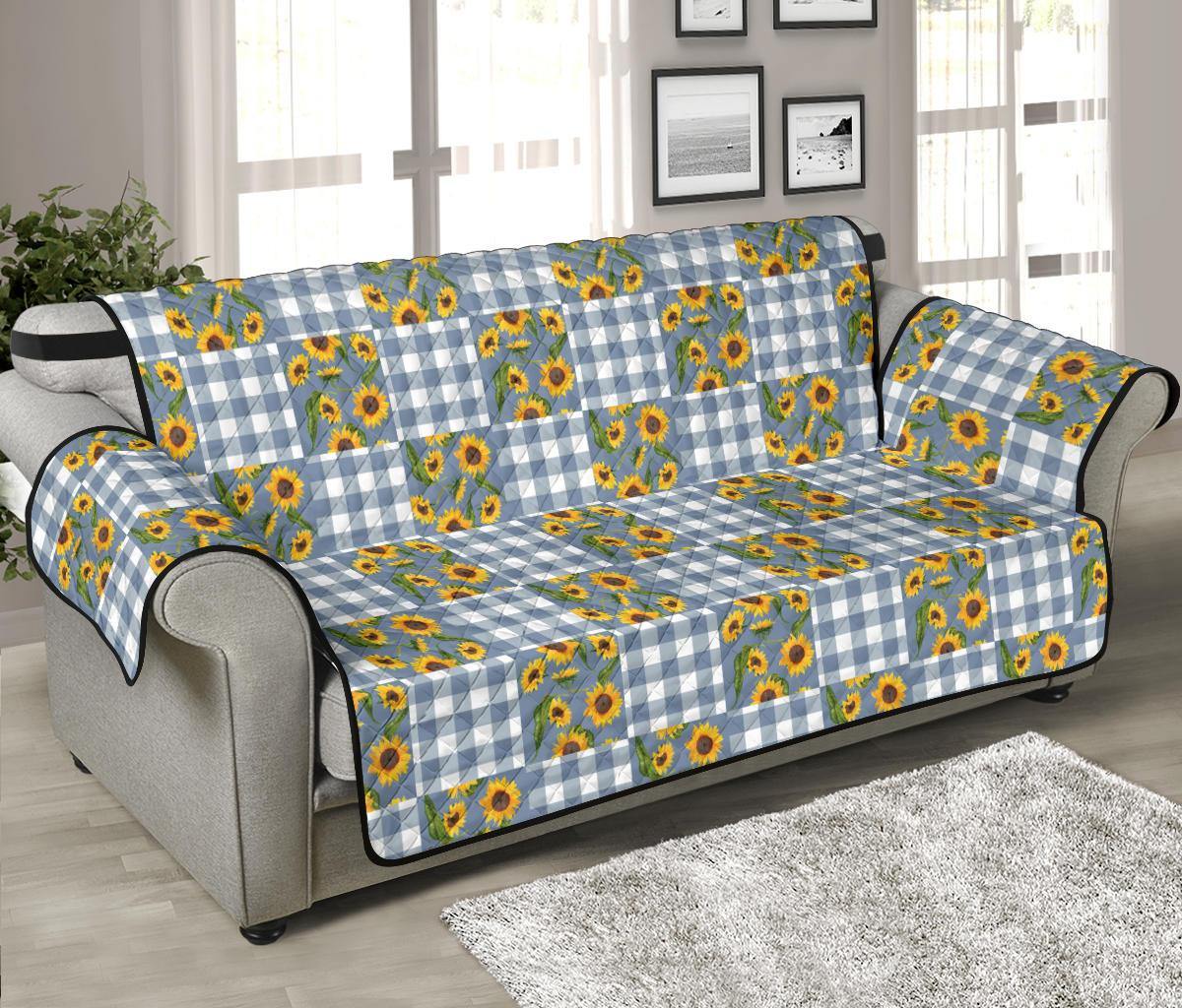 Blue Buffalo Plaid With Sunflowers Patchwork Pattern Furniture Slipcovers - RusticDecorShop