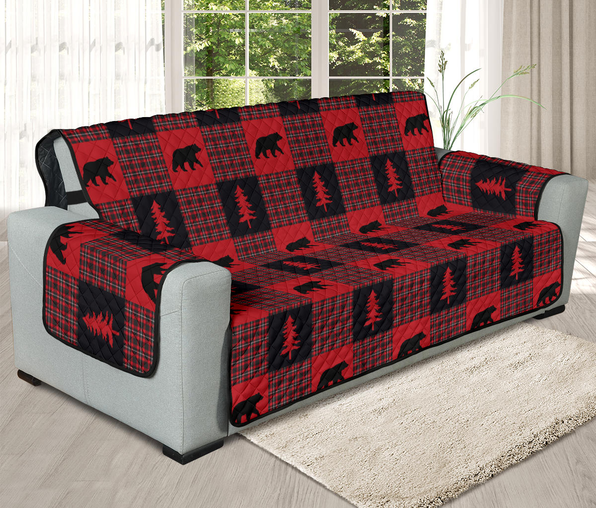 Bears on Red, Black and White Plaid Tartan Patchwork Furniture Slipcovers