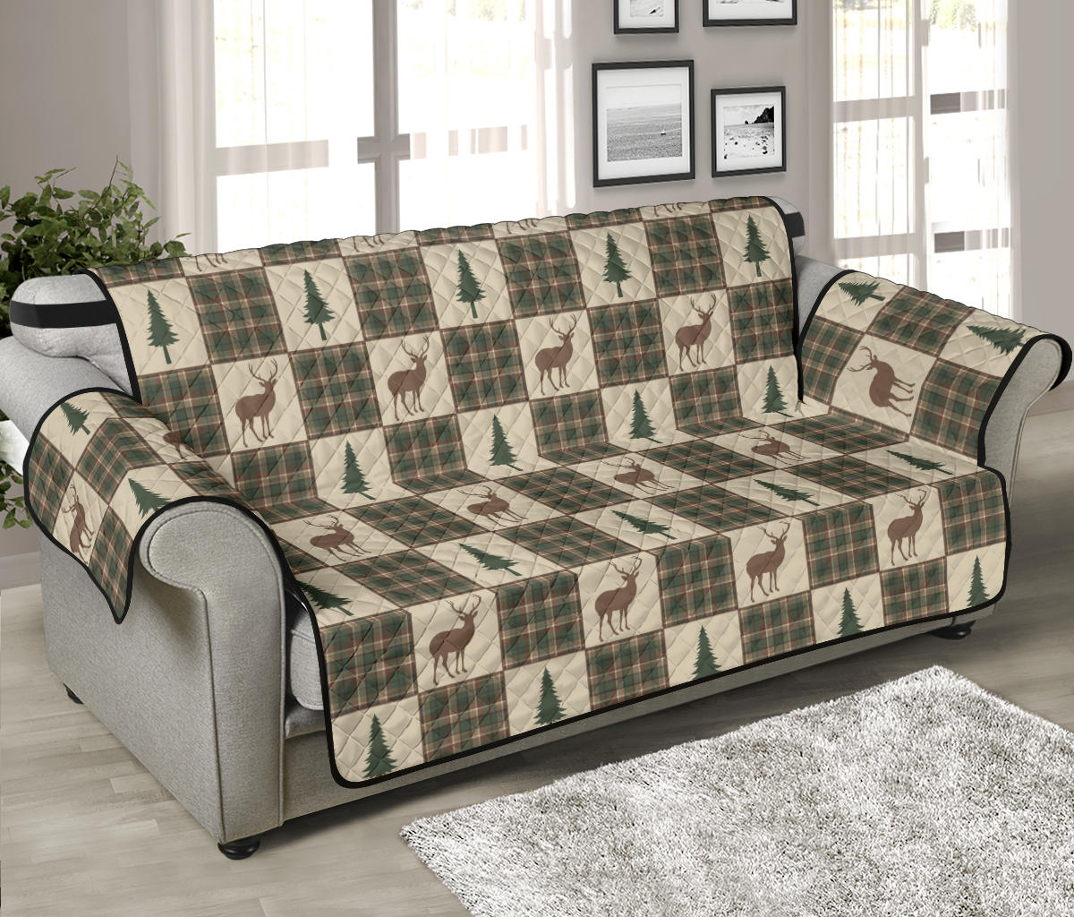 Tan and Green Plaid Deer Theme Rustic Furniture Slipcovers