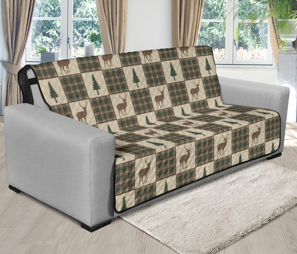 Tan and Green Plaid Deer Theme Rustic Furniture Slipcovers