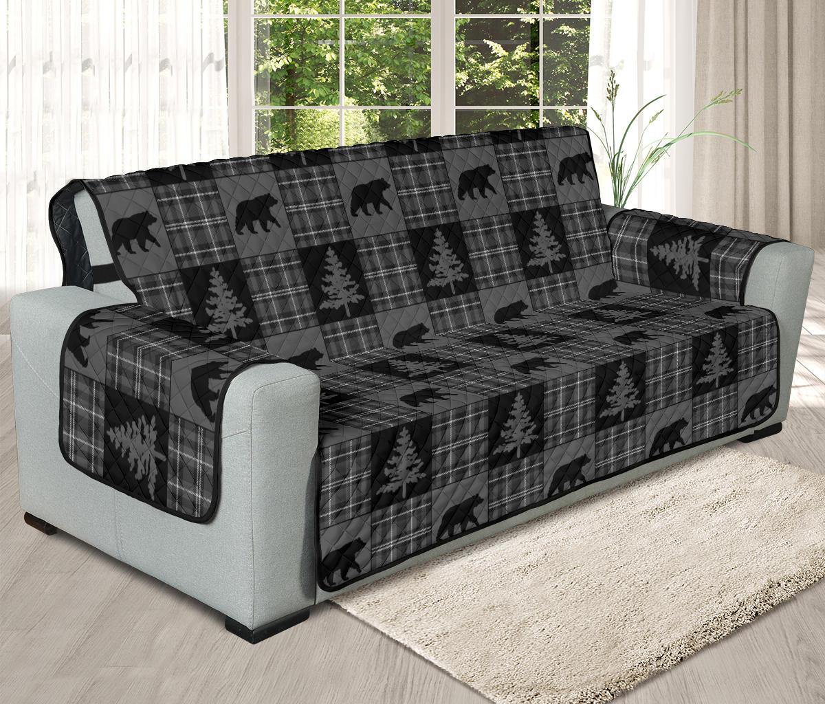 Gray and Black Plaid With Bears Woodland Theme Slipcovers - RusticDecorShop