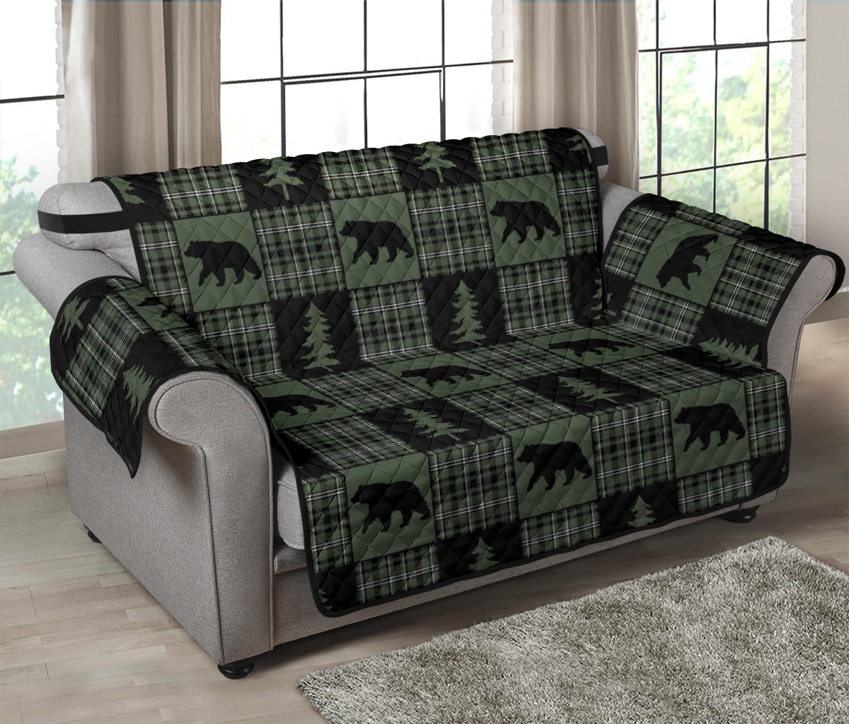 Green and Black Plaid Bear Patchwork Furniture Slipcovers