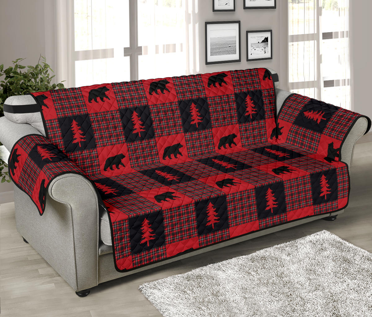 Bears on Red, Black and White Plaid Tartan Patchwork Furniture Slipcovers