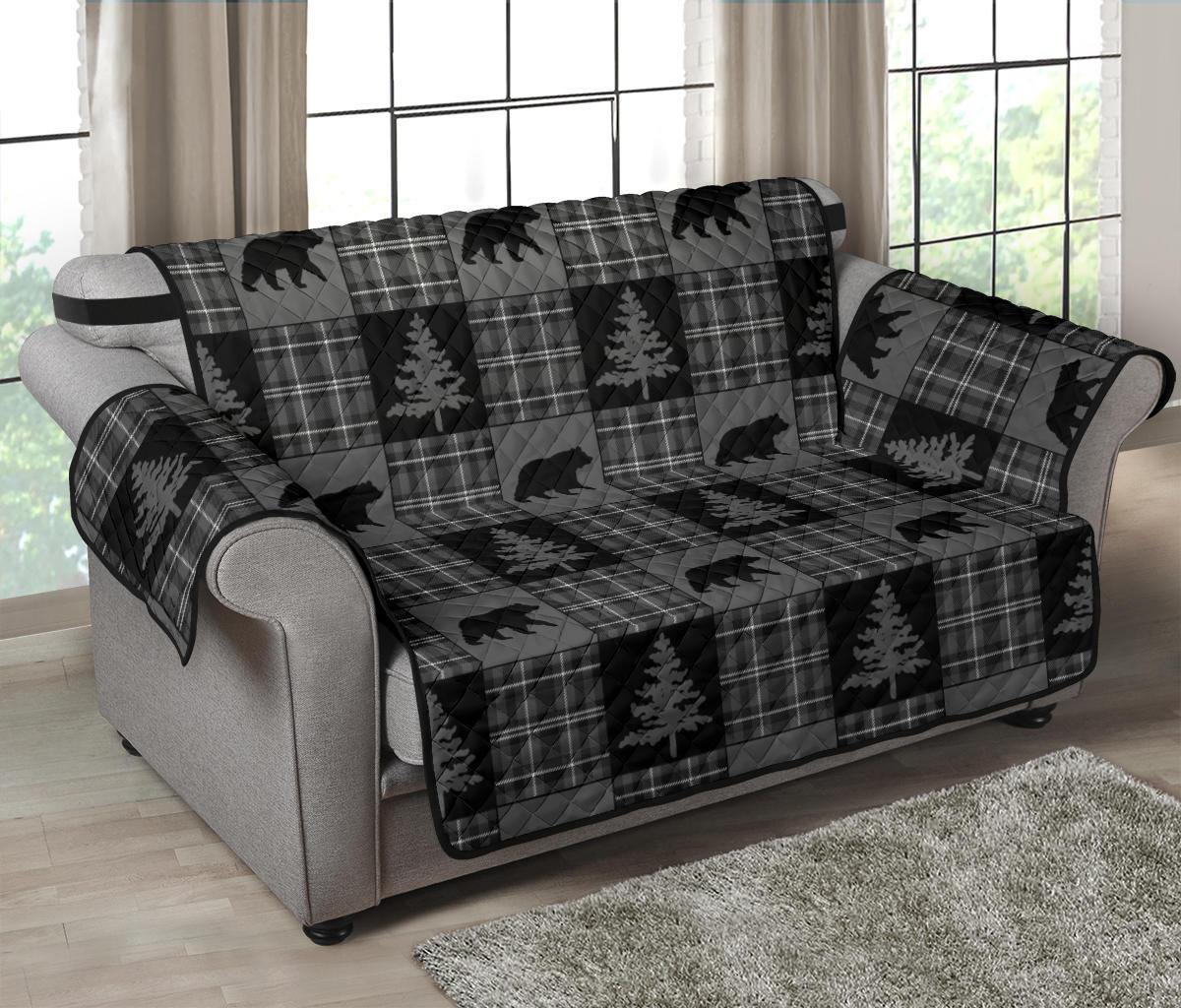 Gray and Black Plaid With Bears Woodland Theme Slipcovers - RusticDecorShop