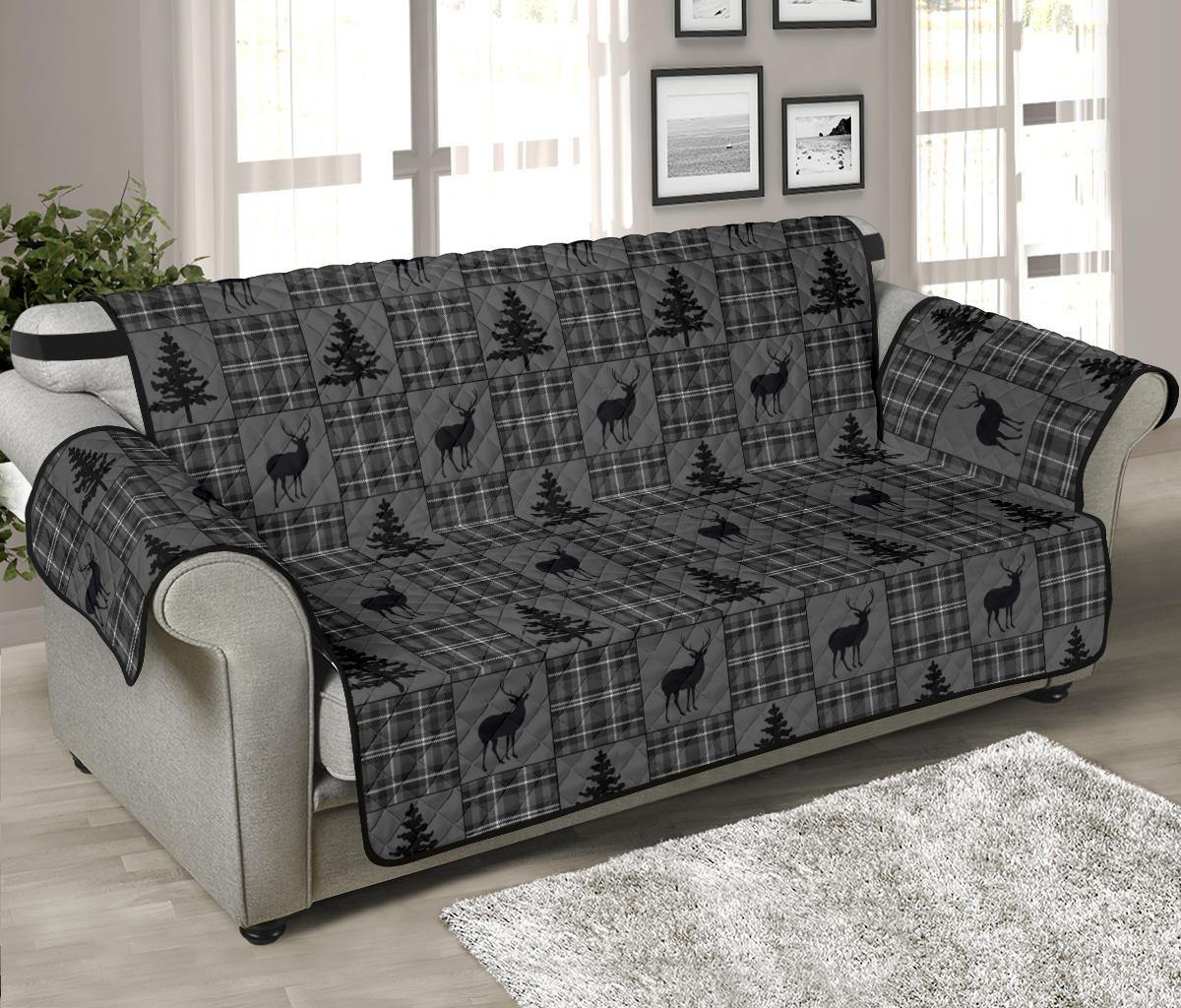 Gray and Black Plaid Deer Theme Rustic Furniture Slipcovers - RusticDecorShop